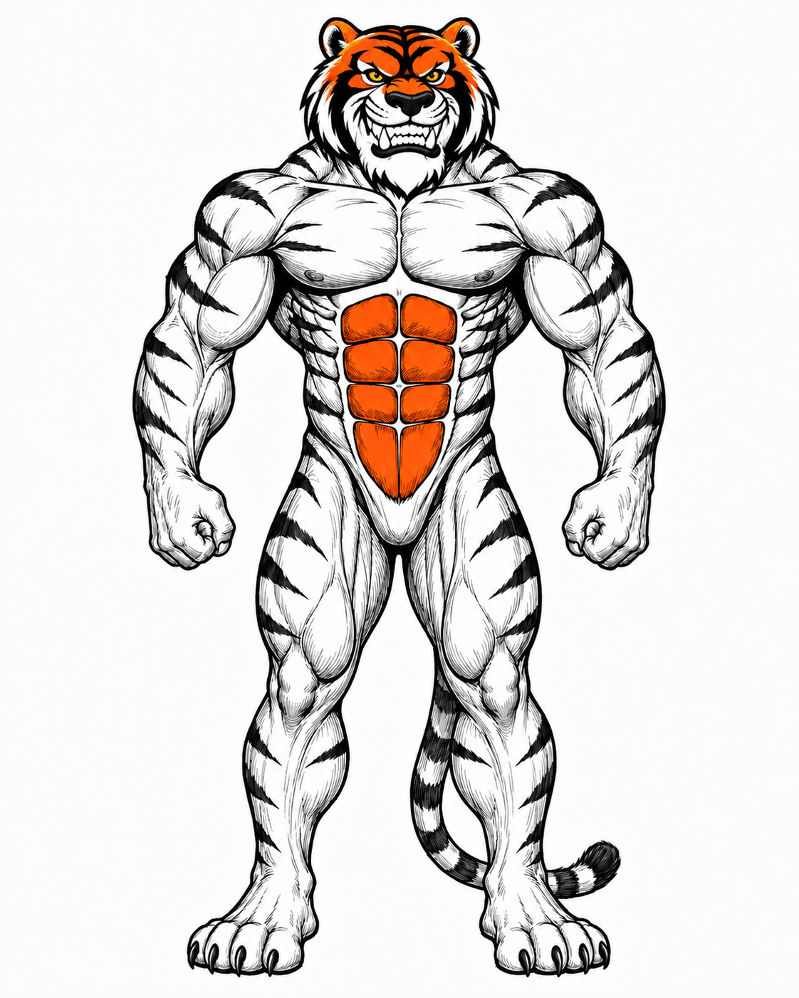 Abs highlighted on the Tiger Fitness anatomy character, front view